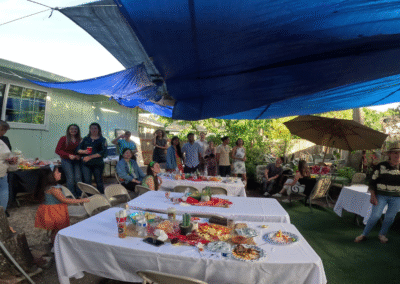 A picture of people around the tables